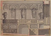 Design for a Court Theatre, Anonymous, French, 18th century, Pen and black ink, brush and gray, pink and yellow washes
