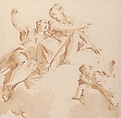 Two Women Seated on a Cloud, and Two Putti, Giovanni Battista Tiepolo (Italian, Venice 1696–1770 Madrid), Pen and brown ink, brush with pale (yellow) brown wash, over leadpoint or black chalk