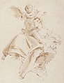 Winged Putto Crowning a Seated Woman Who Looks to the Left, Giovanni Battista Tiepolo (Italian, Venice 1696–1770 Madrid), Pen and brown ink, brush with pale and dark brown wash, over black chalk