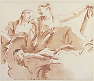 Two Women, One Holding an Anchor, and a Putto on Clouds, Giovanni Battista Tiepolo (Italian, Venice 1696–1770 Madrid), Pen and brown ink, brush with pale (yellow) and dark brown wash, over black chalk