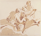 Two Seated Women and a Boy on Clouds, Giovanni Battista Tiepolo (Italian, Venice 1696–1770 Madrid), Pen and brown ink, brush with pale (yellow) and dark brown wash, over black chalk