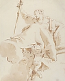 Seated Women Holding Aloft a Sword, and Supported by Two Putti, Giovanni Battista Tiepolo (Italian, Venice 1696–1770 Madrid), Pen and brown ink, brush with pale (yellow) and dark brown wash, over black chalk