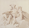 Apollo Seated on Clouds, Two Figures at Left, Giovanni Battista Tiepolo (Italian, Venice 1696–1770 Madrid), Pen and brown ink, brush with pale and dark brown wash, over black chalk