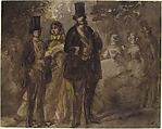 Walking in the Park, Constantin Guys (French, Flushing 1802–1892 Paris), Pen and brown ink, brush and gray and black wash, and touches of yellow wash.  Laid down.