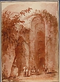 Entrance to the Grotto of Posillipo, After Hubert Robert (French, Paris 1733–1808 Paris), Brush and brown wash, over a red chalk counterproof with traces of black chalk; framing lines in pen and brown ink