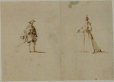 Lady and a genteman facing each other, Jacques Callot  French, Pen and brown ink, on two pieces of paper pieced together