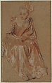 Seated Woman Holding a Fan, Antoine Watteau (French, Valenciennes 1684–1721 Nogent-sur-Marne), Red, black, and white chalk on brown paper; framing lines in pen and black ink