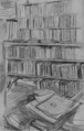Bookshelves, Study for "Edmond Duranty", Edgar Degas (French, Paris 1834–1917 Paris), Dark brown chalk, heightened with white chalk, on blue laid paper, faded to beige