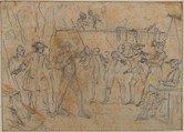 Study for "Hob's Defence," etched vignette in "Songs in the Opera of Flora", Hubert François Gravelot (French, Paris 1699–1773 Paris), Black chalk, graphite, stains of red chalk, traced with the stylus
