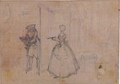 Study for "On Deceiving her Uncle," etched vignette in "Songs in the Opera of Flora", Hubert François Gravelot (French, Paris 1699–1773 Paris), Pen and blue ink, with black chalk and graphite underdrawing