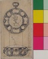 Design for a Gold Watchcase Showing Front and Elevation, Hubert François Gravelot (French, Paris 1699–1773 Paris), Pen and gray ink over graphite underdrawing. Incised. Rubbed and smudged with brown ink.