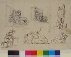 Six Figure Studies, including four for The Poor Italian Family, Théodore Gericault (French, Rouen 1791–1824 Paris), Black chalk; pen and brown ink
