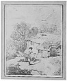 Landscape with Figure, Attributed to George Morland (British, London 1763–1804 London), Black chalk on off-white wove paper, laid on gray wash-line mount