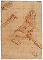 Studies for an Angel in Glory, Antonio d&#39;Enrico Tanzio (Tanzio da Varallo) (Italian, Riale d&#39;Alagna 1575/80–1632/33 Novara), Red chalk on off-white laid paper washed pale ochre; main study squared for transfer