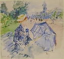 A Woman Seated at a Bench on the Avenue du Bois, Berthe Morisot (French, Bourges 1841–1895 Paris), Watercolor over traces of graphite