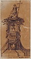 Design for Pulpit with Papal Tiara, Anonymous, French, 18th century, Pen and brown ink, brush and black wash, over black chalk; framing lines in pen and brown ink and brush and brown wash