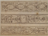 Design for Three Upright Panels of Ornament Arabesques, Anonymous, French, 18th century, Pen and brown ink