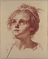 Head of a Girl Looking Up, Jean-Baptiste Greuze (French, Tournus 1725–1805 Paris), Red chalk; framing lines in pen and brown ink