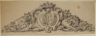 Design for Pediment with Two Heraldic Crests, Lions and a Crown, Anonymous, French, 18th century, Graphite, pen and black ink, brush and gray wash.
