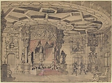 Design for a Stage Set, Anonymous, French, 19th century, Graphite, pen and black ink, brush and gray and pink washes