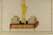 Design for a Pen and Ink Stand with a Cupid and Two Ink Wells, Anonymous, French, 19th century, Pen and gray ink, brush and gray, yellow, brown, and black wash; framing lines in pen and black ink