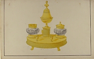 Design for a Pen and Ink Stand, Anonymous, French, 19th century, Pen and gray ink, brush and gray and yellow wash; framing lines in pen and black ink
