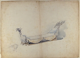 Design for a Chinese-Style Bed, Anonymous, French, 19th century, Pen and black ink, brush and blue, brown and gray wash, and graphite