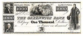 $1000 Bill for The Greenwich Bank, The City of New York, Asher Brown Durand American, Engraving