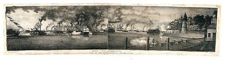 Grand Canal Celebration: View of the Fleet Preparing to Form in Line, Anthony Imbert (American, born France, active New York 1825–ca. 1838), Lithograph