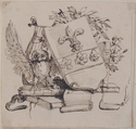 Drawing of a Decorated Coat of Arms surrounded by Books, Owl, Leaves, Vase and a Snake, Attributed to Carlo Bianconi (Italian, Bologna 1732–1802 Milan), Pen and dark brown ink