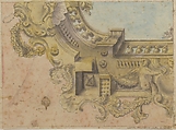Design for a Decorated Ceiling with Putti and Garlands and a Forshortening of a Balustrade Around an Oculus., Workshop assistant of Michelangelo Colonna (Italian, Ravenna/Como 1604–1687 Bologna), Pen and black ink, brush with pink, yellow, blue and gray wash, over traces of graphite