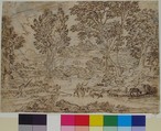 Sunrise (recto); Landscape with Figures (verso), After Claude Lorrain (Claude Gellée) (French, Chamagne 1604/5?–1682 Rome), Pen and ink, with indications of black chalk. Verso: Brush and gray ink