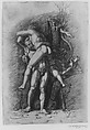 Hercules and Antaeus, Gian Marco Cavalli (Italian, ca. 1454–after 1508, activity documented 1475–1508), Engraving; main figures and parts of tree pricked for transfer