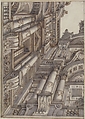 Foreshortened or Trompe L'Oeil View of the Architecture Surrounding a Courtyard, Attributed to Ferdinando Galli Bibiena (Italian, Bologna 1657–1743 Bologna), Pen and brown ink, brush and gray wash over traces of black chalk
