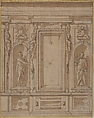 Wall Elevation with a Window and Statues of Saint John the Baptist and Saint Peter in Niches, Lazzaro Tavarone (Italian, Genoa 1556–1641 Genoa), Pen and brown ink, brush and brown wash, over black chalk; squared in black chalk