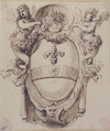 Design for a Cartouche flanked by winged Sirens with a Coat of Arms containing a Fleur-de-Lis, Attributed to Carlo Bianconi (Italian, Bologna 1732–1802 Milan), Pen and brown ink over traces of leadpoint