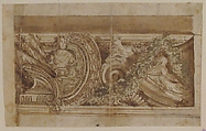 Design for Part of a Decorated Cornice, Anonymous, French, 17th century, Pen and brown ink, brush and brown wash