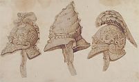 Three Designs for Helmets, After Polidoro da Caravaggio (Italian, Caravaggio ca. 1499–ca. 1543 Messina), Pen and brown ink, brush and brown wash, over leadpoint; glued onto secondary paper support