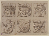 Six Designs for the Decoration of Rectangular Reliefs, Giuseppe Bernardino Bison (Italian, Palmanova 1762–1844 Milan) (?), Pen and brown ink, brush and gray wash over traces of black chalk