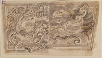 Two Variants for the Design of a Horizontal Panel, Giovanni Battista Foggini  Italian, Pen and brown ink, brush and gray wash over black chalk