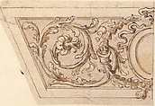 Left Side of a Panel Decorated with Acanthus Scrolls and an Oval Medallion, Giovanni Battista Foggini (Italian, Florence 1652–1725 Florence), Pen and brown ink, brush and brown wash, over black chalk