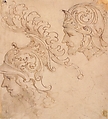 Two Studies for Helmet Designs Presented En Profil, Giovanni Battista Foggini (Italian, Florence 1652–1725 Florence), Pen and brown ink, brush and light brown wash, over black chalk
