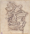 Design for the Right Half of an Overdoor Decoration with a Bust, Giovanni Battista Foggini (Italian, Florence 1652–1725 Florence), Pen and brown ink, brush and gray-brown wash; a vertical graphite line through the center of the design