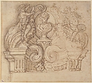 Design for an Overdoor or the Top of a Niche with a Bust and Garland-bearing Putti, Giovanni Battista Foggini (Italian, Florence 1652–1725 Florence), Pen and brown ink, brush and gray-brown wash, over black chalk