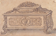 Design for an Casket heavily decorated Foliate Scrolls, Garlands and a Satyr Mask, Giovanni Battista Foggini (Italian, Florence 1652–1725 Florence), Pen and brown ink, brush and gray wash over graphite