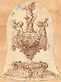 Design for a Vessel with Two Tritons Blowing Horns and a Winged Putto on Top, Attributed to Giovanni Battista Foggini (Italian, Florence 1652–1725 Florence), Pen and brown ink, brush and brown wash over graphite