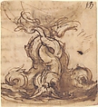 Design for the Base of a Vessel with Three Dolphins, Giovanni Battista Foggini (Italian, Florence 1652–1725 Florence), Pen and brown ink, brush and brown wash, over black chalk
