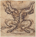 Design for the Base of a Vessel with Two Satyrs, Giovanni Battista Foggini (Italian, Florence 1652–1725 Florence), Pen and brown ink, brush and brown wash, over black chalk