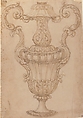 Design for a Two-Handled Urn with Acanthus, Shell, and Egg-and-Tongue Motif, Attributed to Giovanni Battista Foggini (Italian, Florence 1652–1725 Florence), Pen and brown ink, brush and light brown wash, over black chalk or graphite
