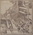 Design for a Quarter of a Trompe L'Oeil Ceiling with Architecture in the Ionic Order and a Statue of Victory, Vittorio Maria Bigari (Italian, Bologna 1692–1776 Bologna), Pen and brown ink, brush and gray wash, over traces of graphite